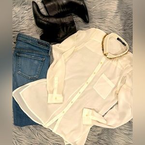 Button Down Shirt | Trouvé Brand | Sheer Fabric | Cream Color | Slim Collar
